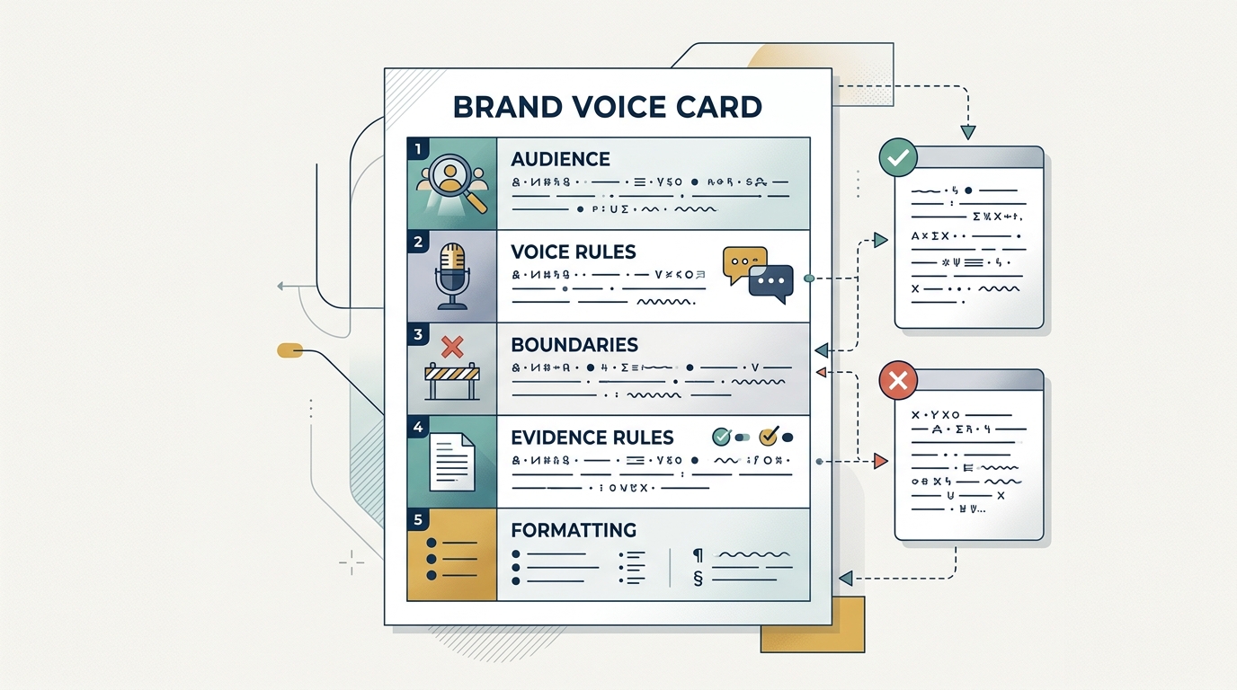 An illustrated brand voice card organizes audience guidance, writing rules, boundaries, evidence checks, and formatting preferences.