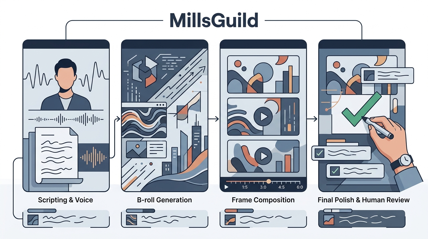 A storyboard connects an AI video script with spoken pacing, captions, visual style, and human review.