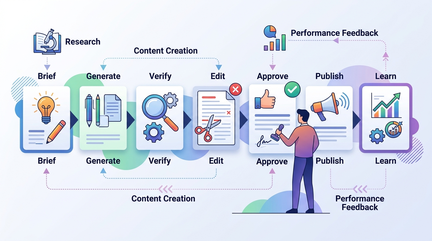 A content workflow moves from briefing and generation through verification, human approval, publishing, and learning.
