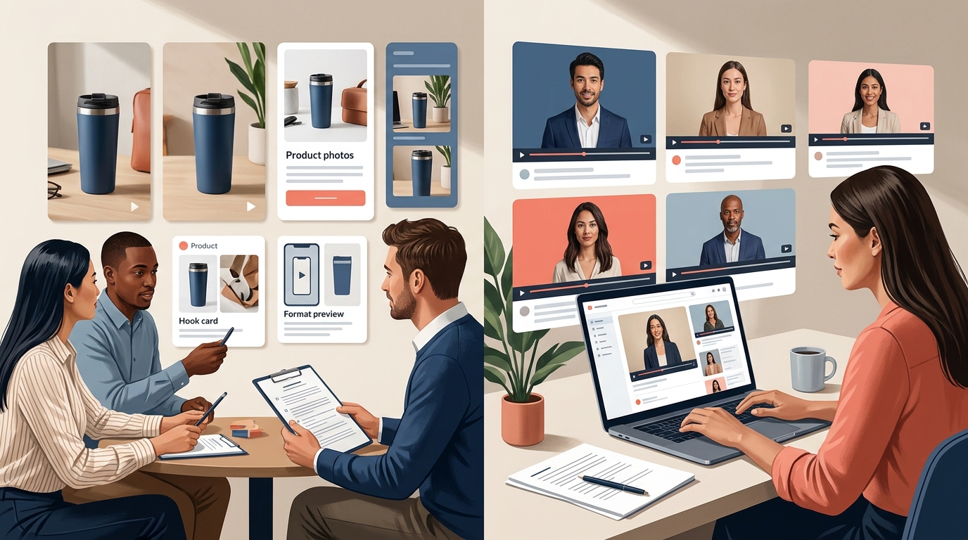 Marketers compare product-focused and presenter-led AI video ad concepts for creative testing.
