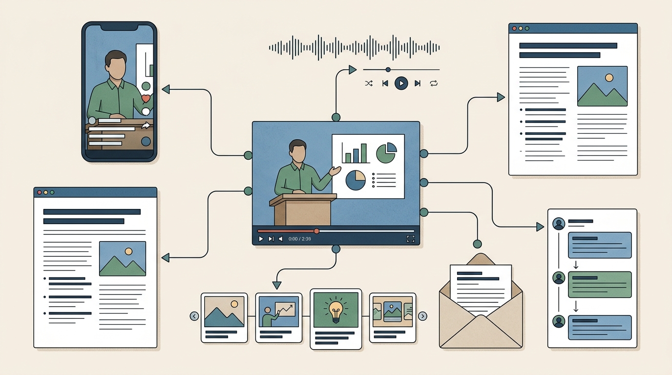 A webinar recording branching into a video clip, article, podcast, carousel, email, and social content assets