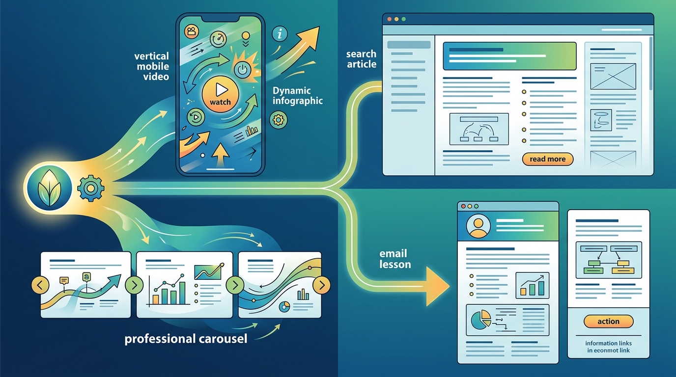 One webinar idea adapted into a vertical video, search article, carousel, and email lesson