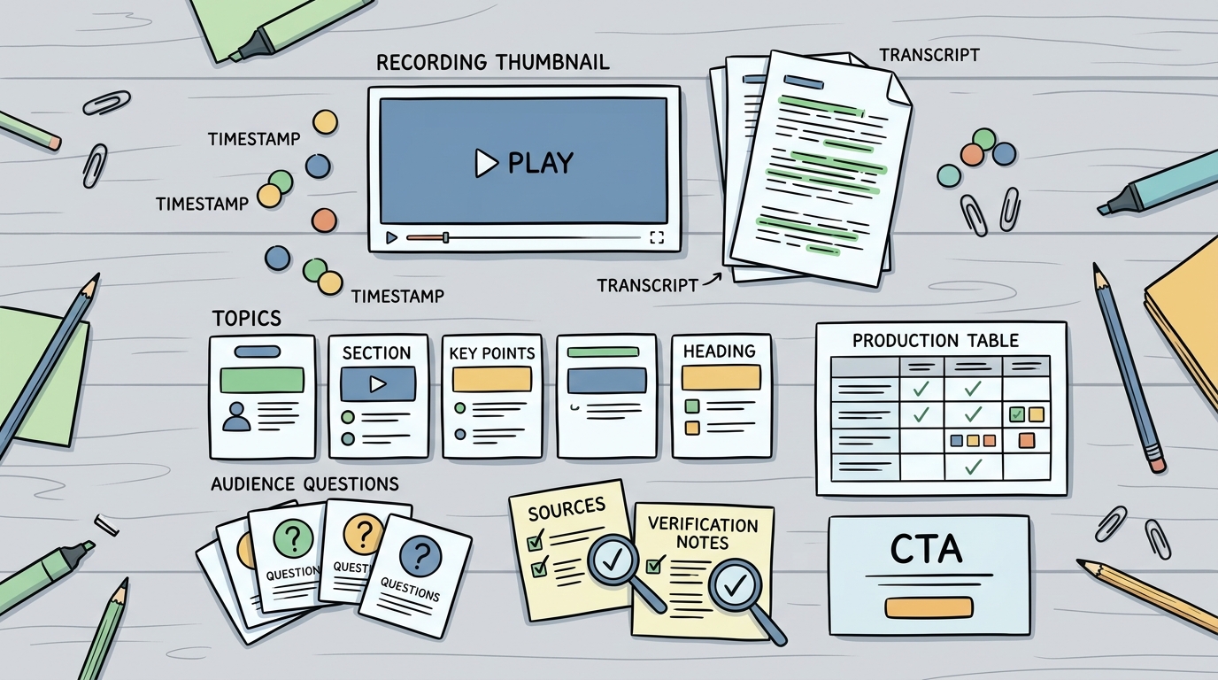 A webinar content map organizing a recording, transcript, topics, questions, sources, and calls to action