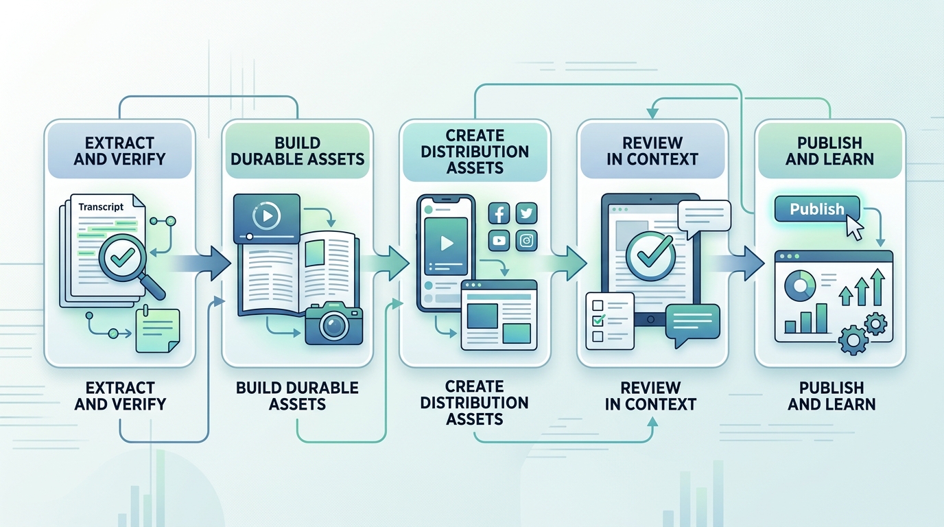 A five-stage workflow for verifying webinar content, creating assets, reviewing them, and learning from publication results