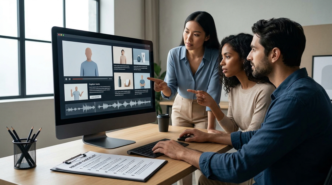 Marketing team reviewing an AI-assisted video across visual, audio, caption, and publishing checks