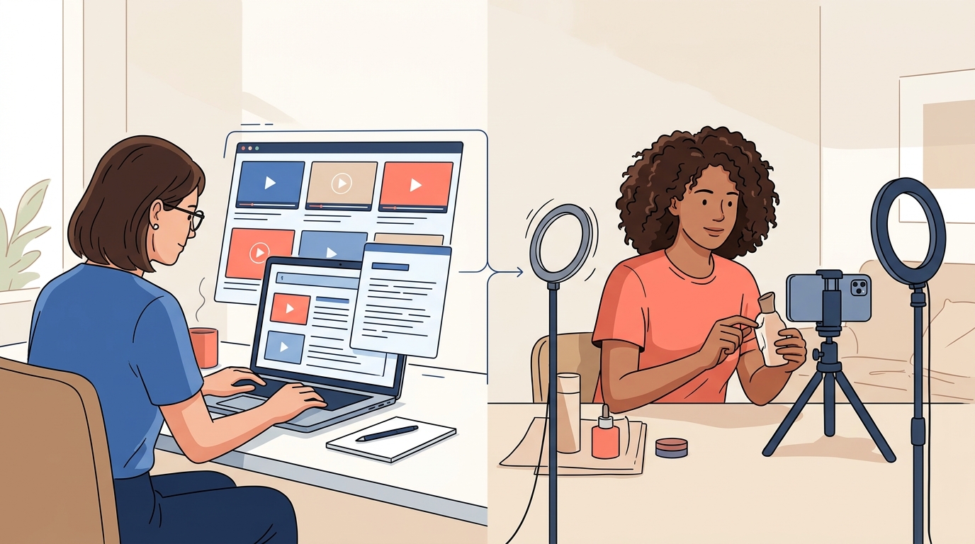 A marketer reviewing AI video variations beside a creator filming a real product demonstration
