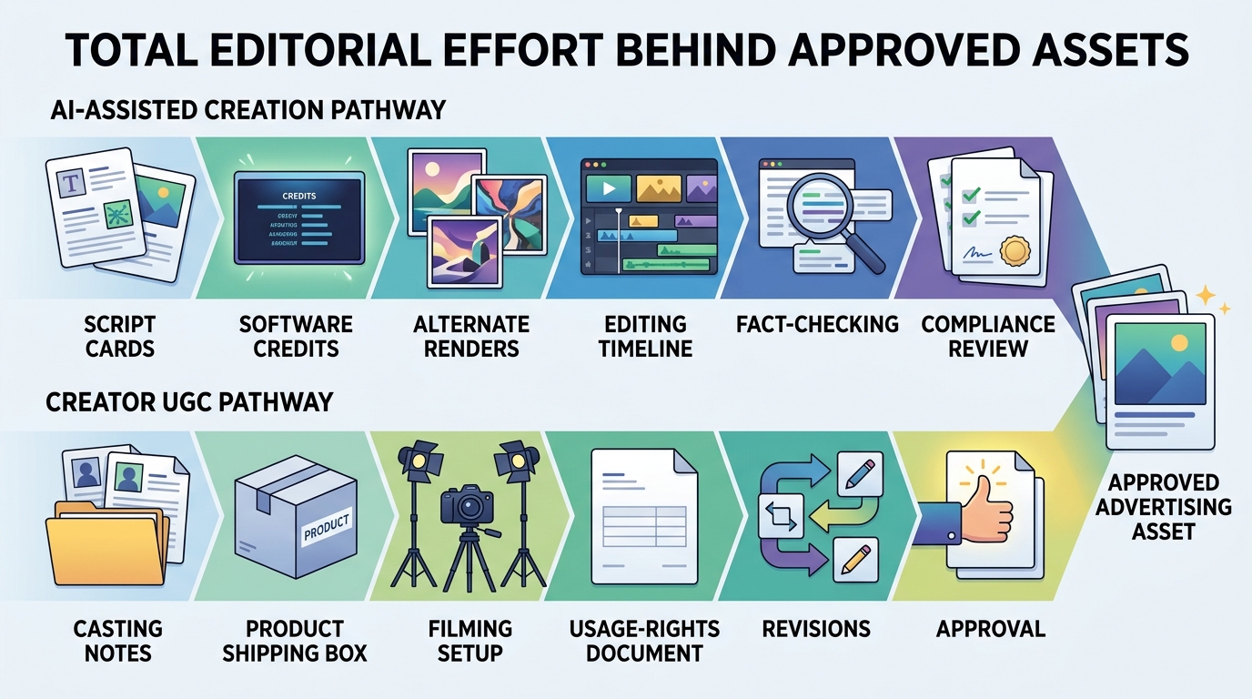 Parallel production pathways showing the work required to approve an AI-assisted ad and a creator UGC ad
