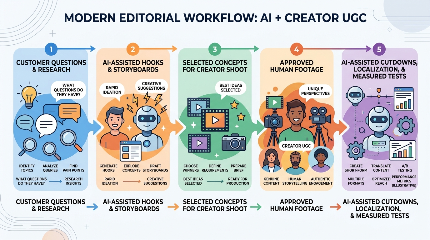 Hybrid advertising workflow from research and AI-assisted concept development to creator footage and measured edits