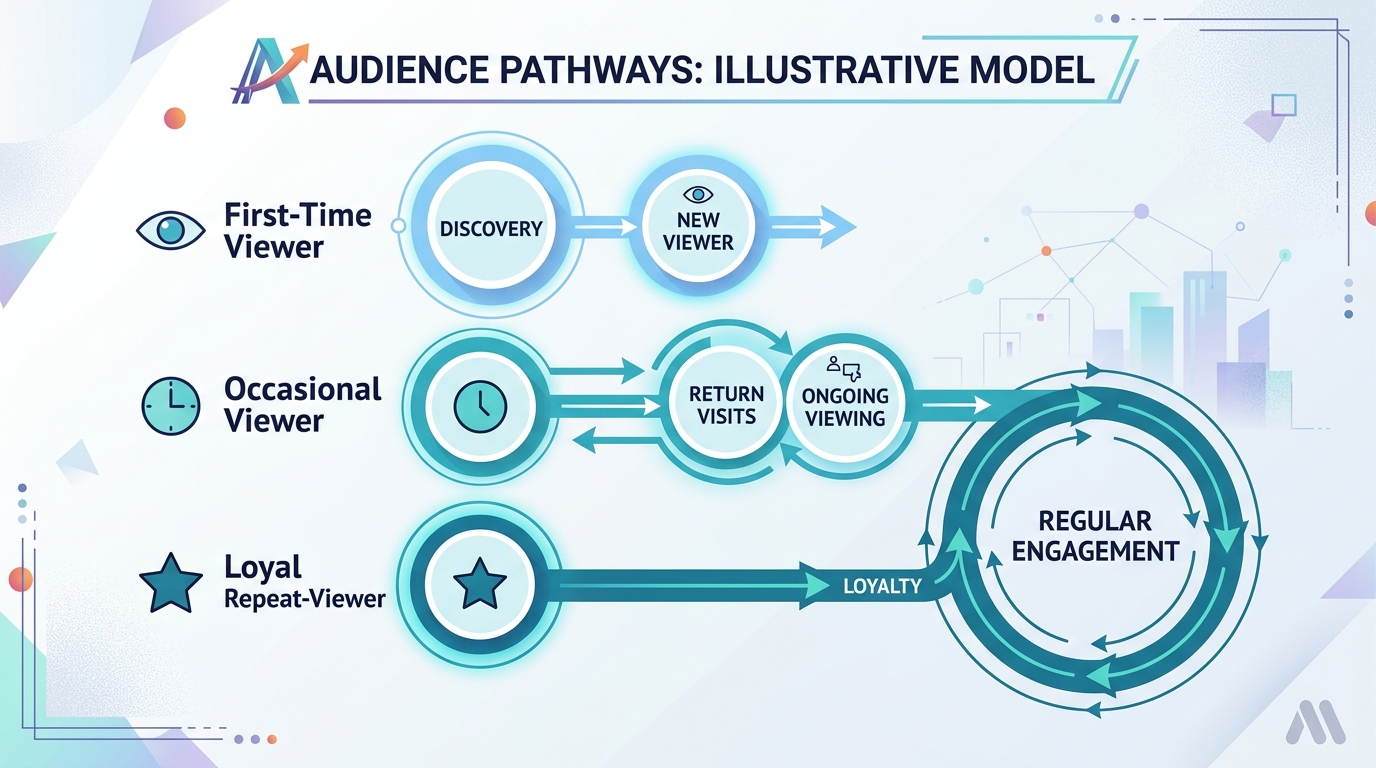 Illustrative diagram showing pathways from first-time viewers to occasional and loyal repeat viewers