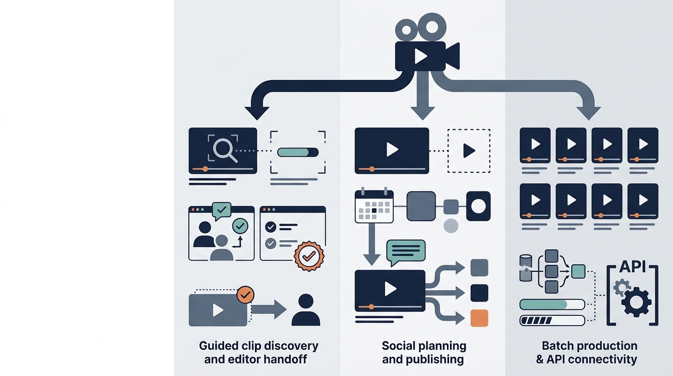 Editorial illustration showing three different workflows for turning long-form video into reviewed social clips.