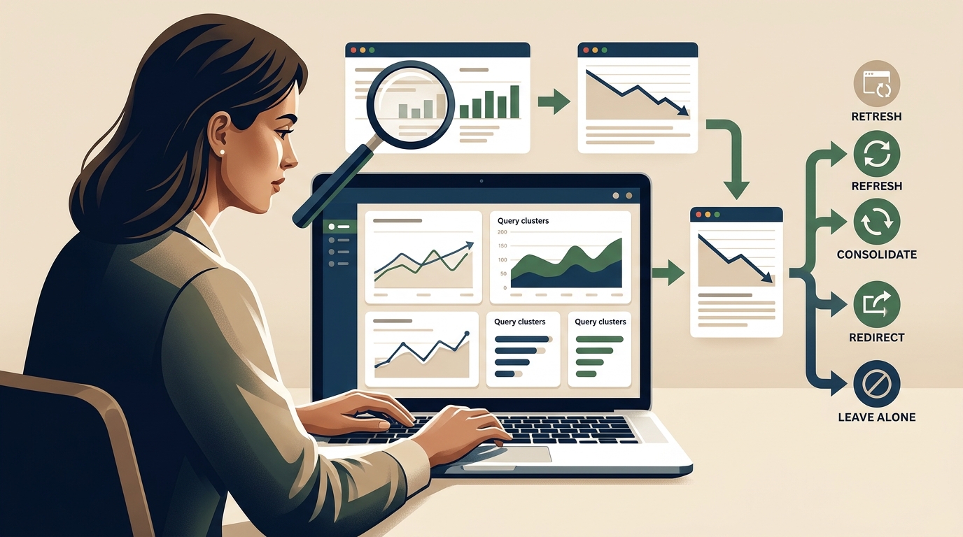 Marketer reviewing an abstract search performance audit to decide how to improve declining content