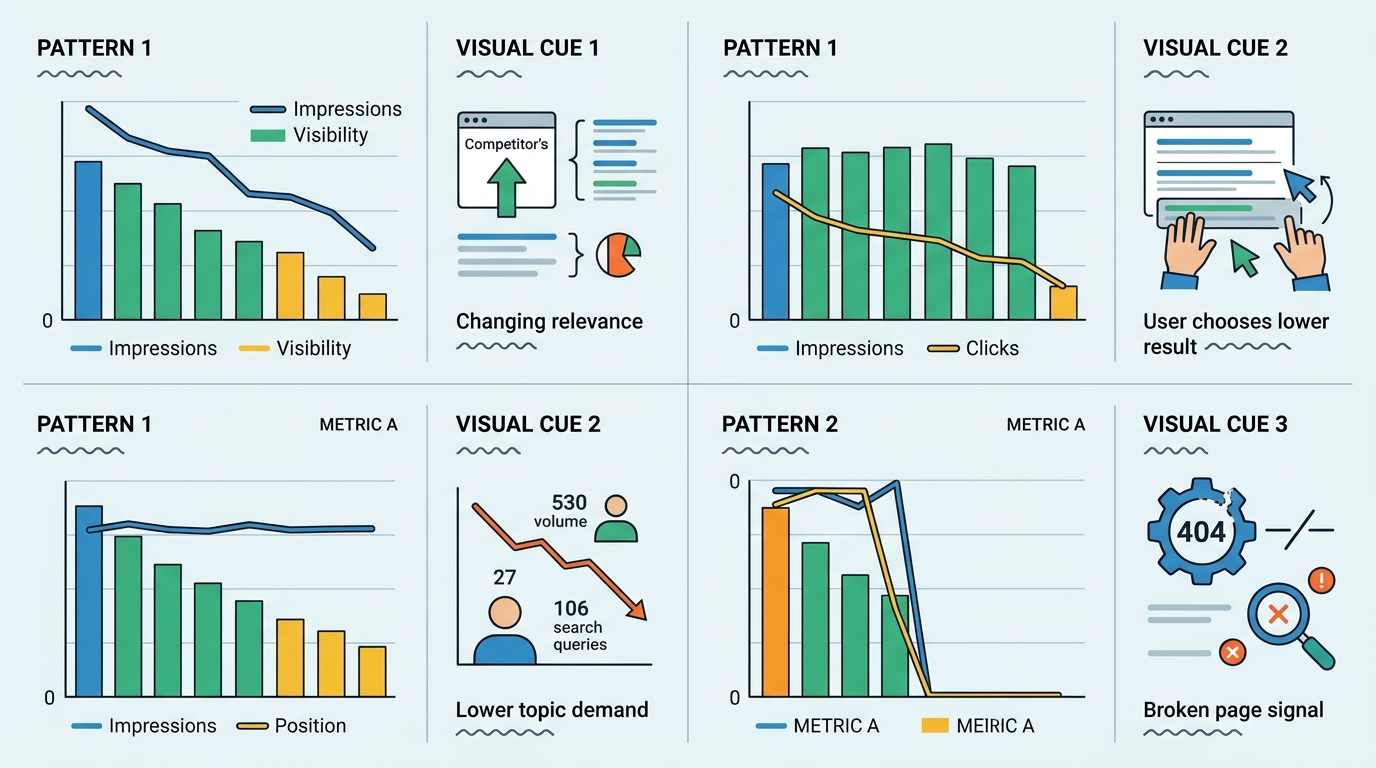 Four abstract search performance patterns illustrating different causes of declining page traffic
