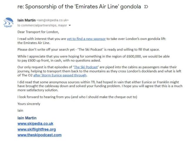 The Ski Podcast offers to become new sponsor of the ‘Emirates Air Line’ gondola
