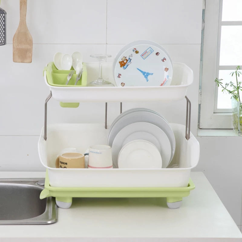 2 Tier Dish Rack With Adjustable Water Drainage