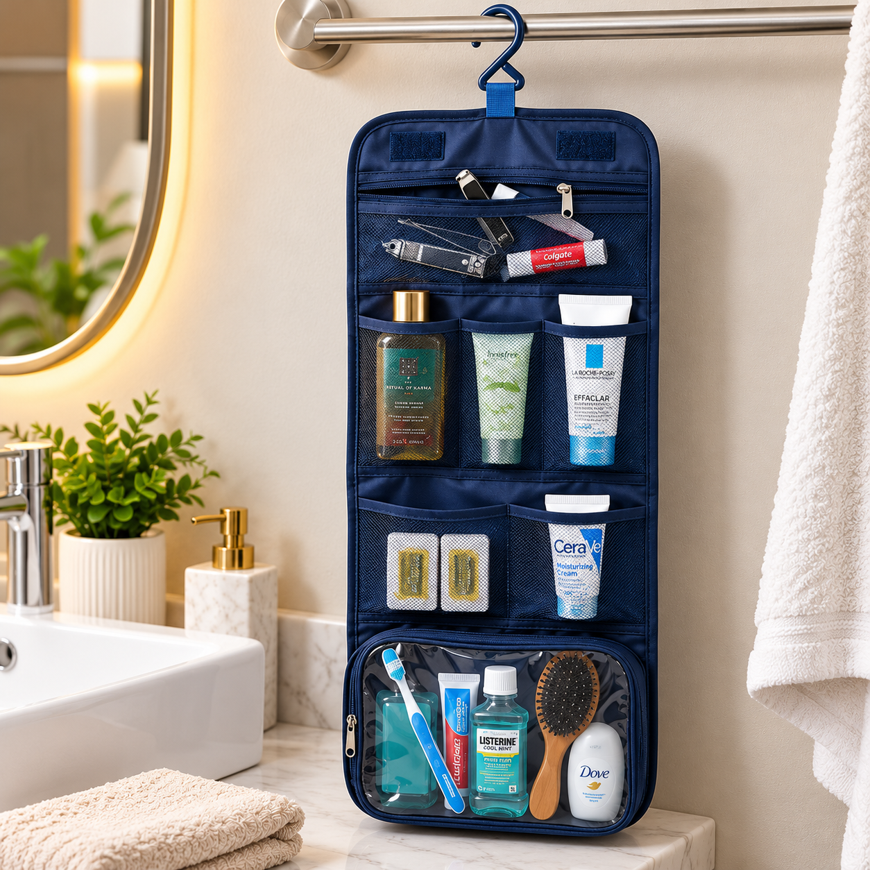Hanging Navy Toiletry Organizer in Modern Bathroom