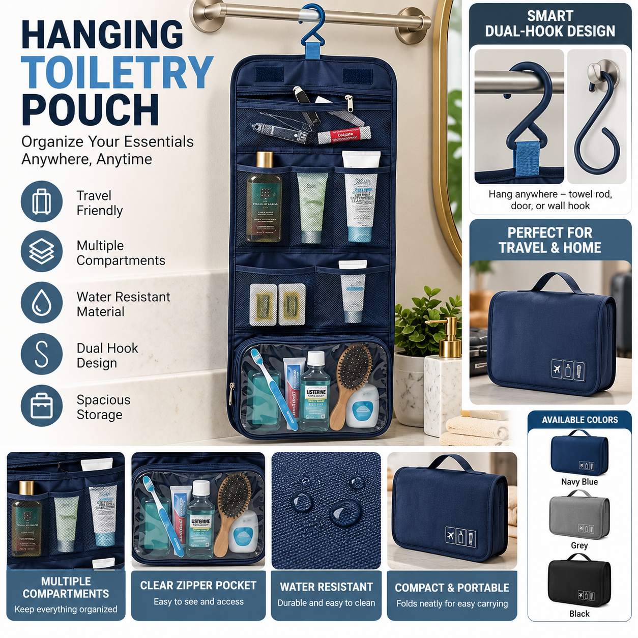 Navy Hanging Toiletry Pouch Organizer