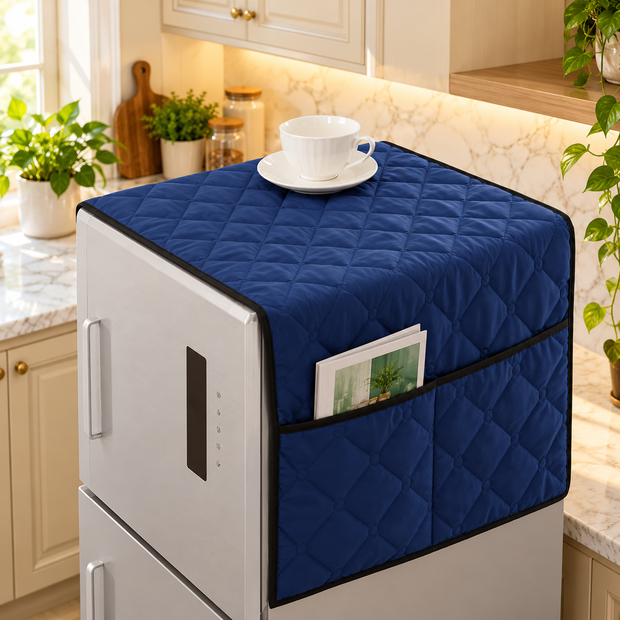 Quilted Navy Refrigerator Cover in Cozy Kitchen