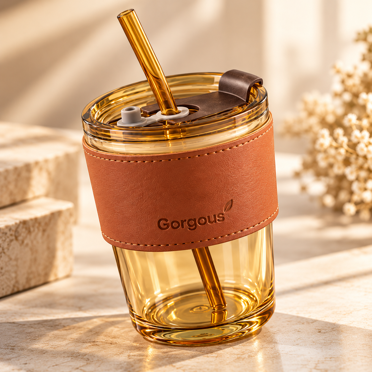 Amber Glass Tumbler with Leather Sleeve