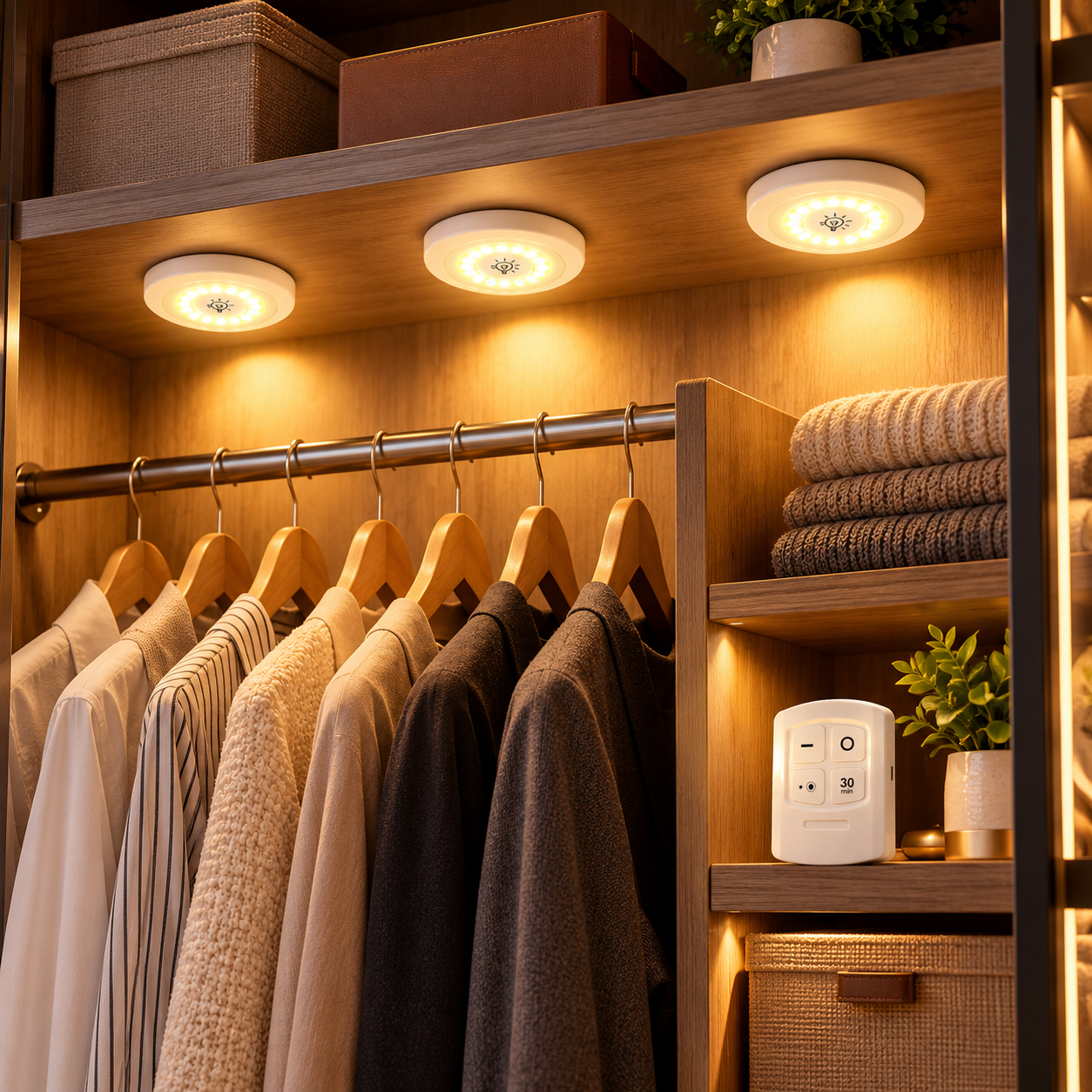 Warmly Lit Oak Wardrobe Interior