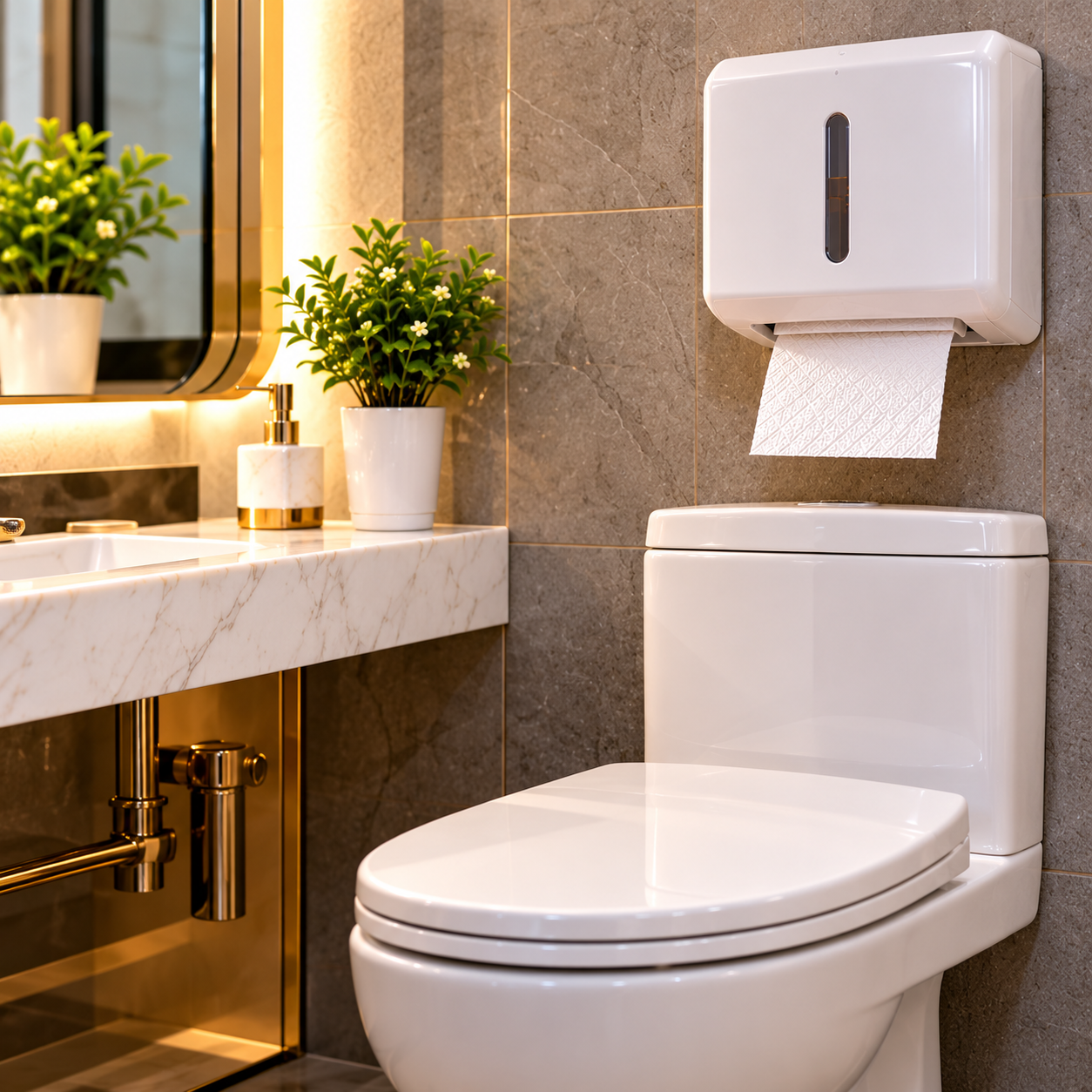 Modern Marble Bathroom with Tissue Dispenser