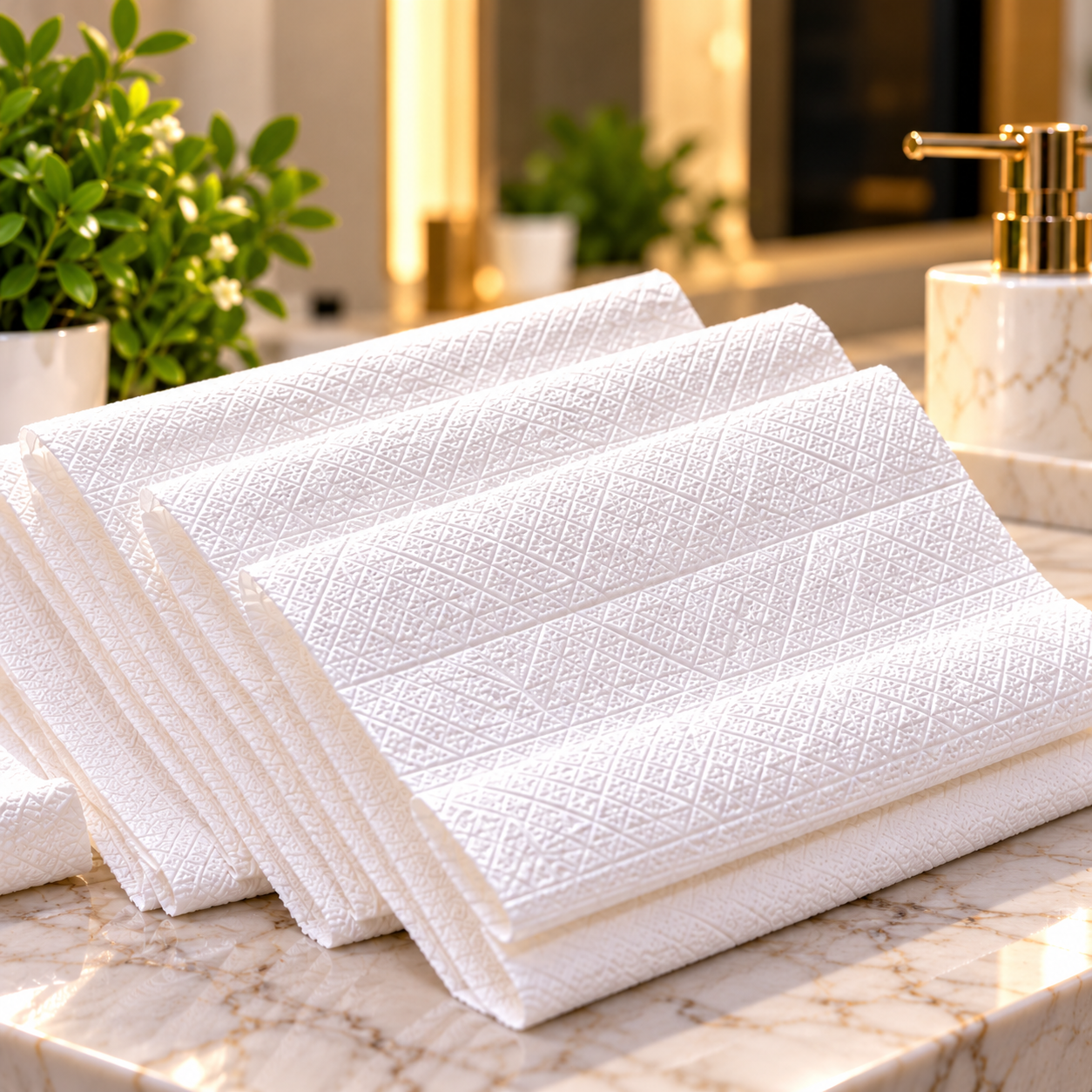 Luxurious Embossed Towels on Marble Vanity