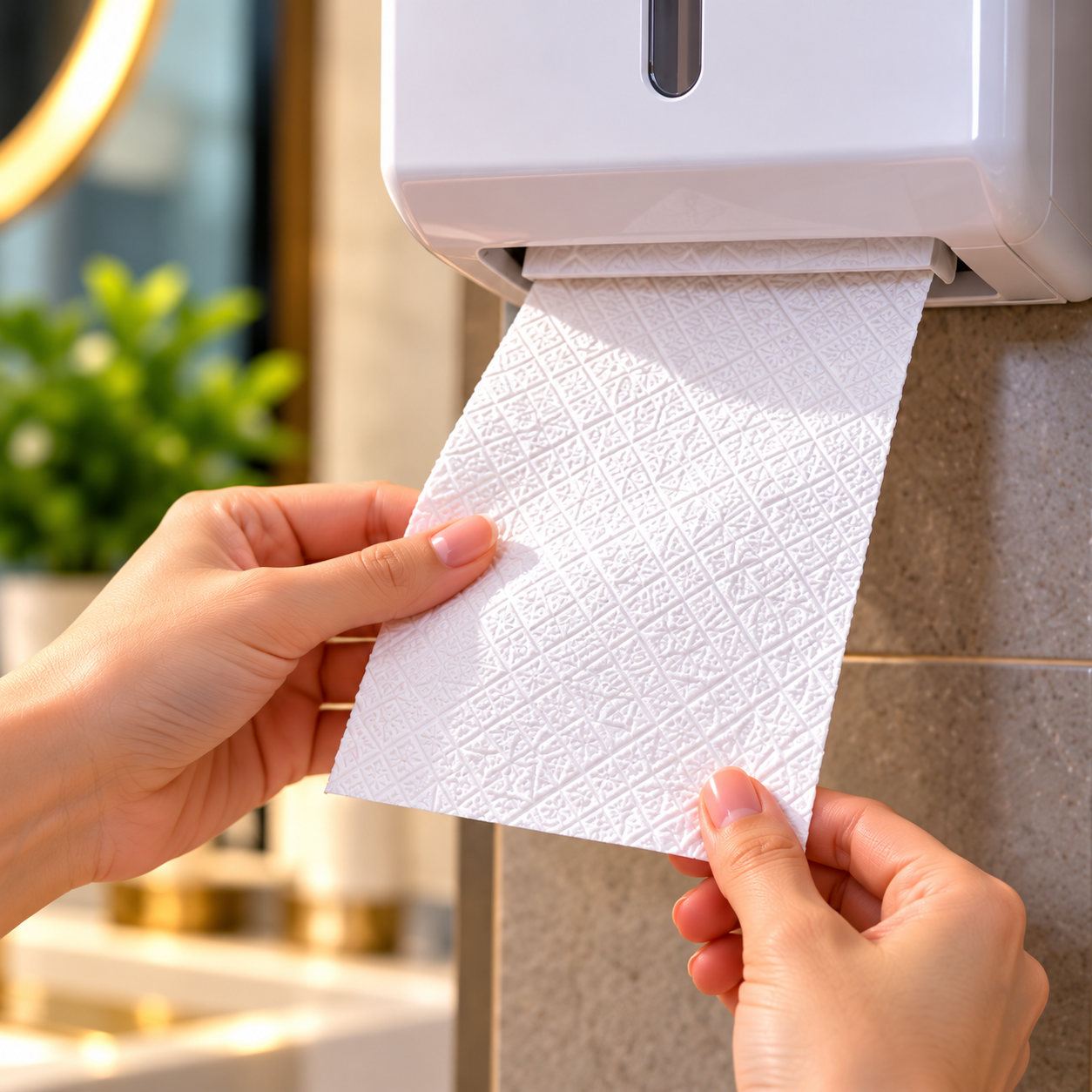 Hands Pulling Embossed Towel from Dispenser