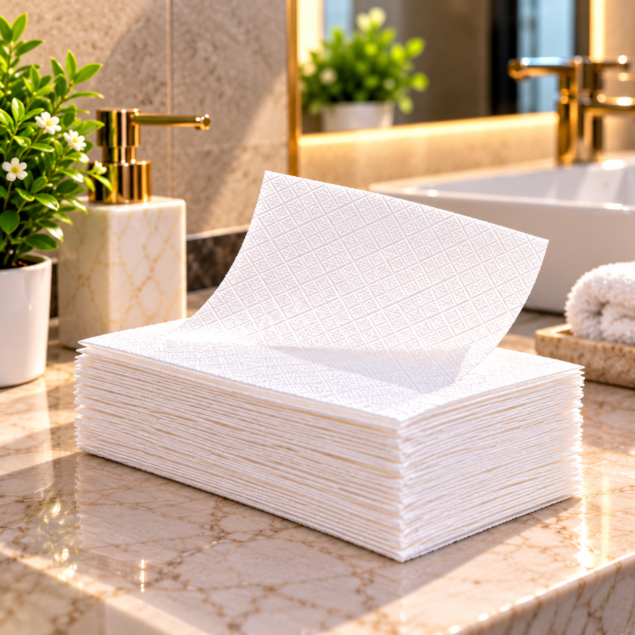 Embossed Tissue Stack in a Warm Bathroom