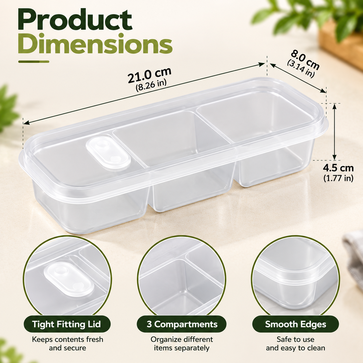 Transparent 3 Compartment Container Dimensions