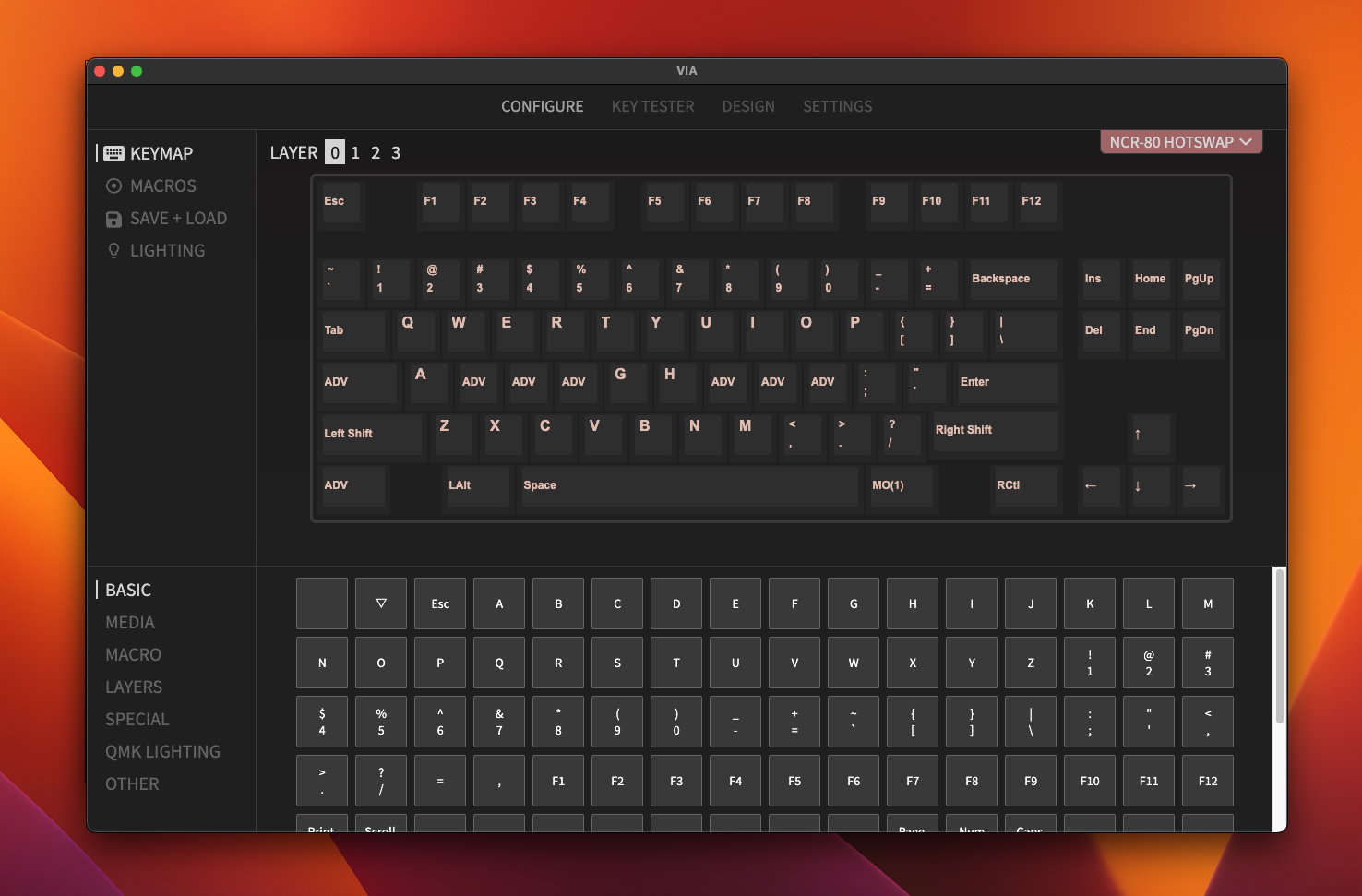 VIA software showing the keymap for the NCR-80 custom mechanical keyboard