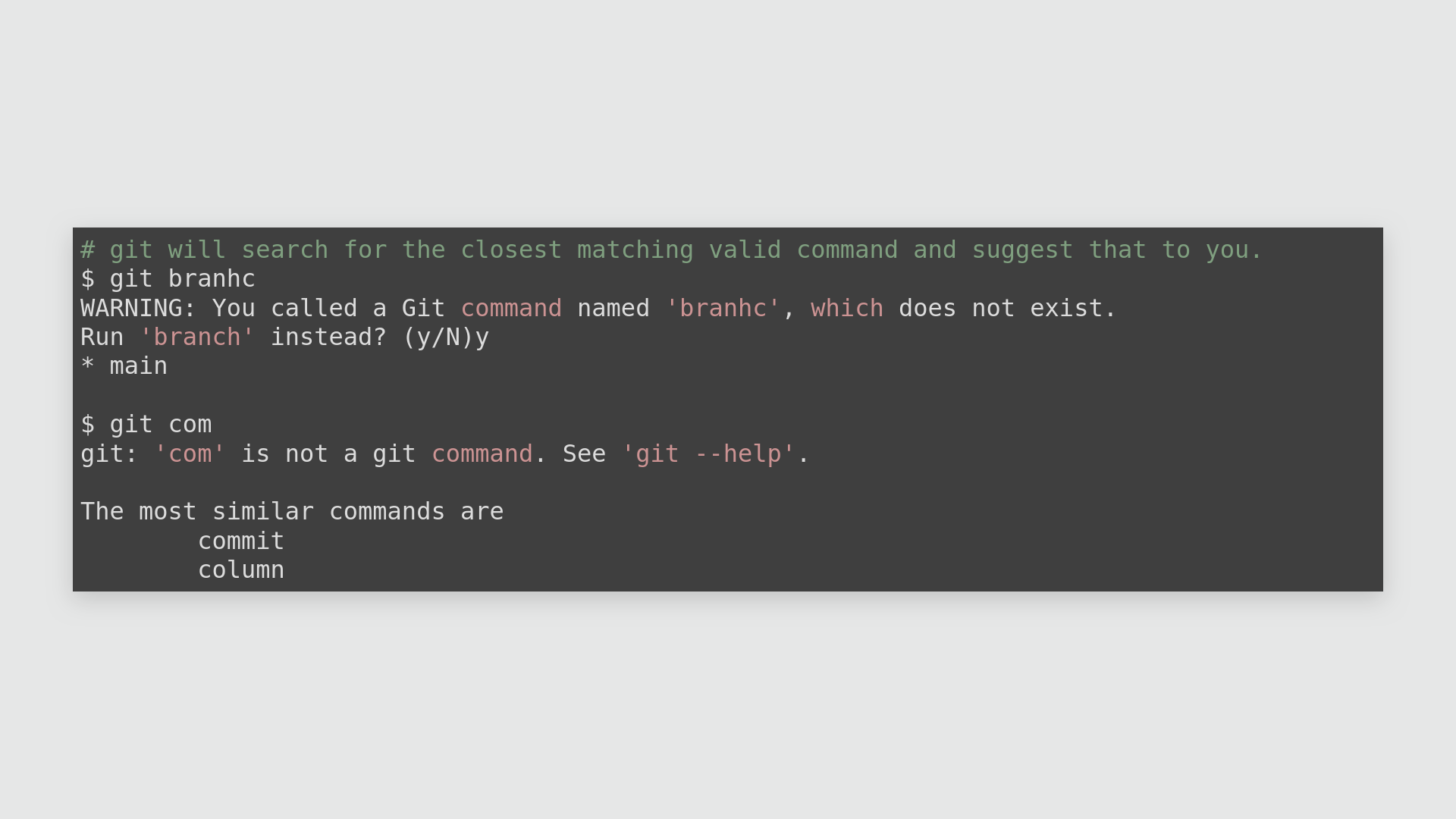 git autocorrect example (using git branhc typo)
