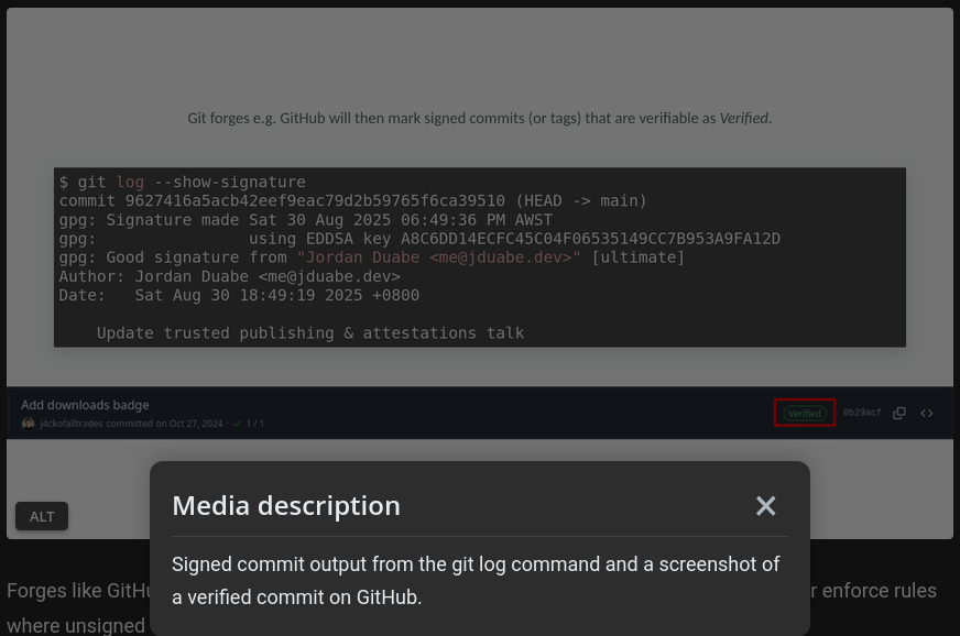 A modal showing the media description of an image when the ALT button is clicked.