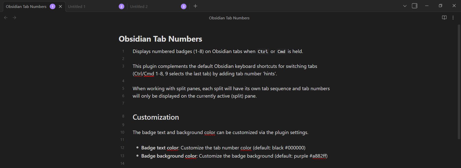 Obsidian window with 3 open tabs showing tab numbers