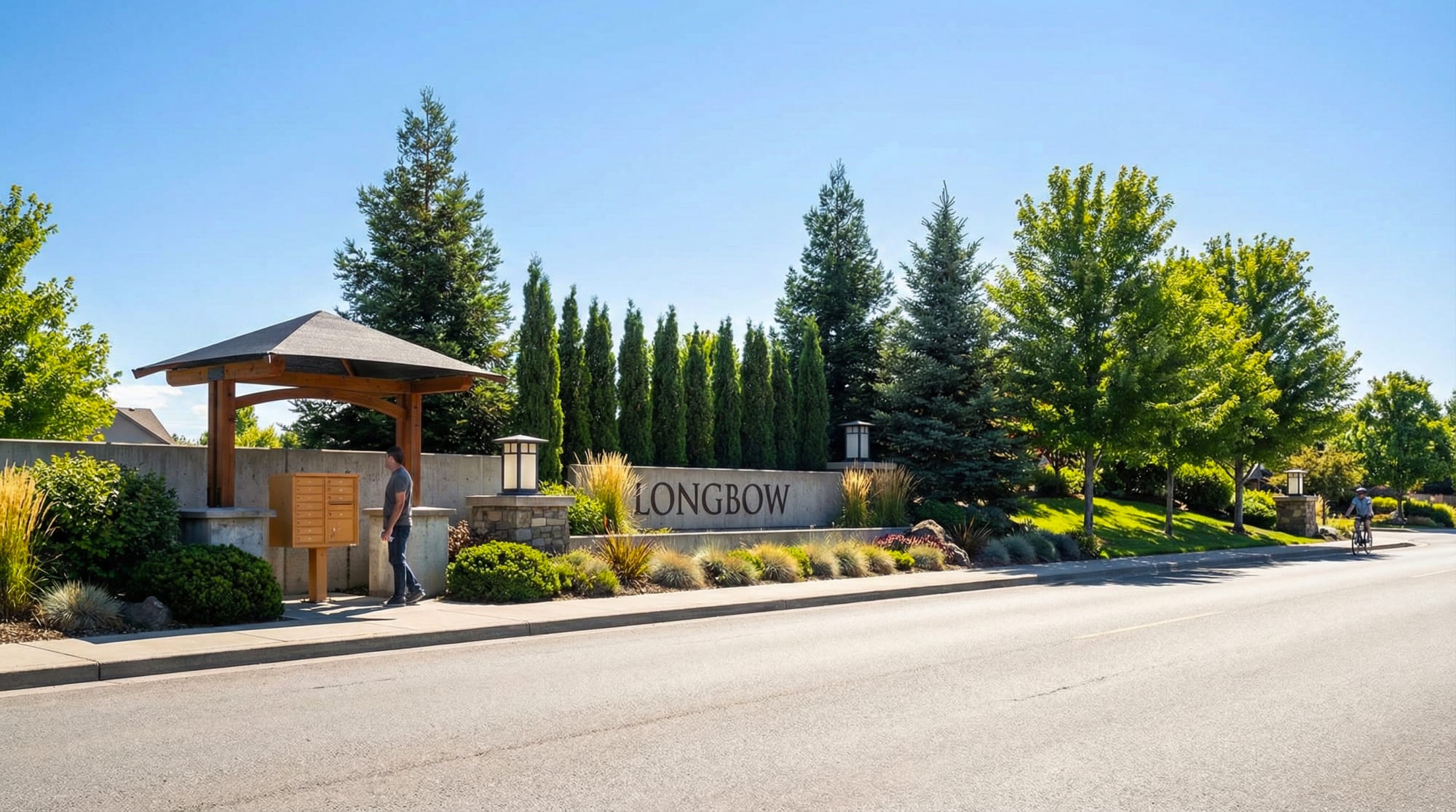 Longbow monument sign and entry landscaping
