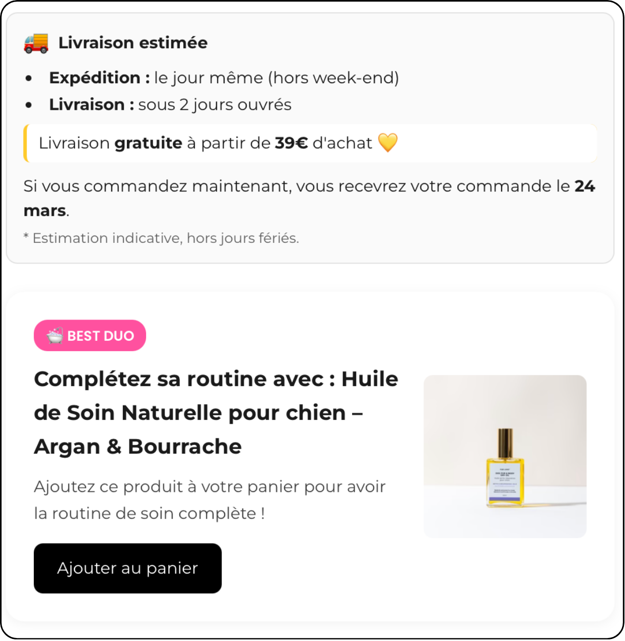 Livraison estimée et produit complémentaire sur fiche produit Shopify