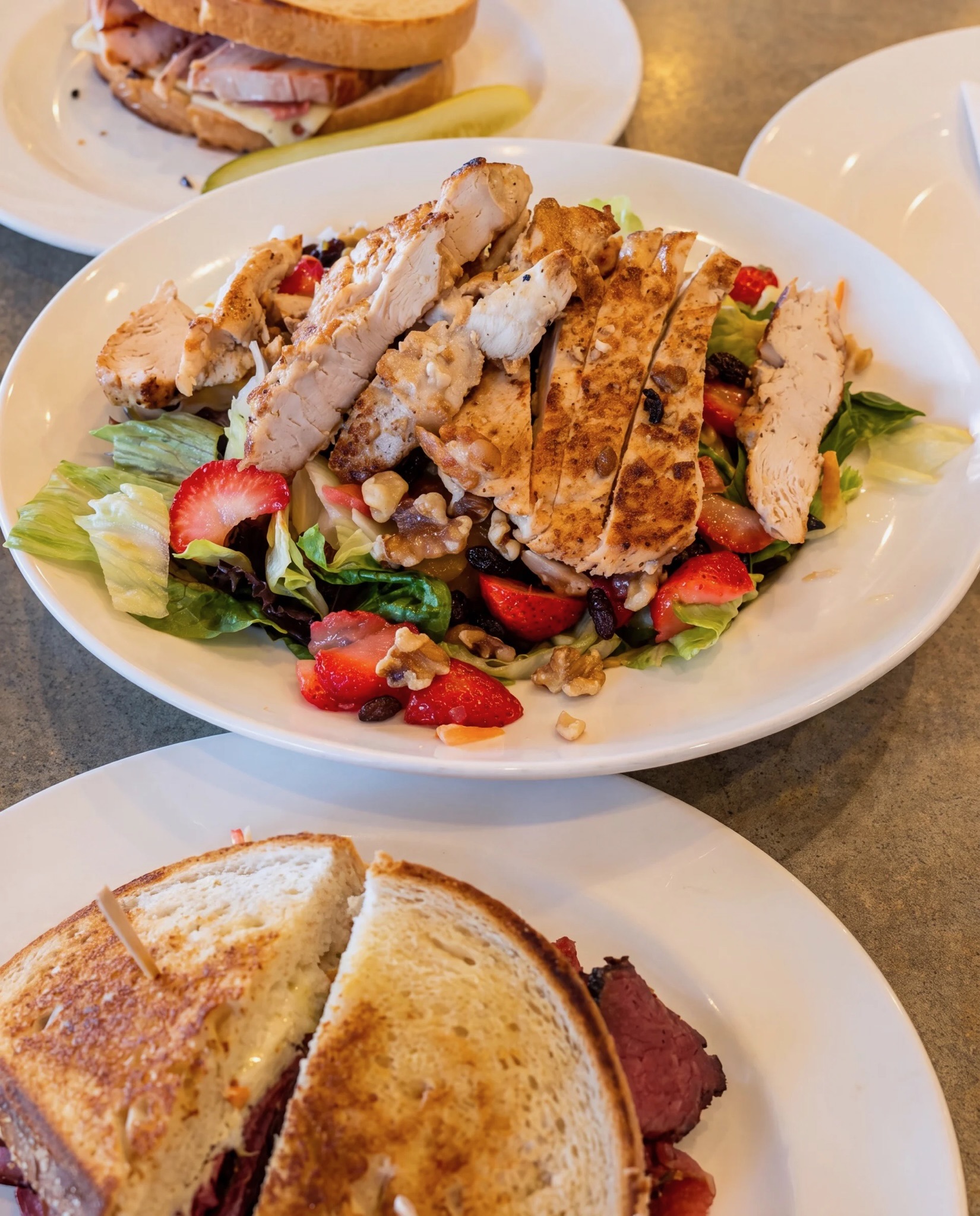 Chicken salad with strawberries and walnuts, with deli sandwiches