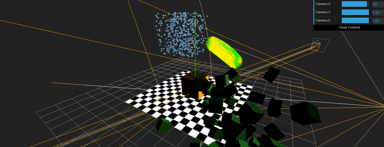 A scene with a spotlight, a directional light, a particle system, a custom material and several helpers.
