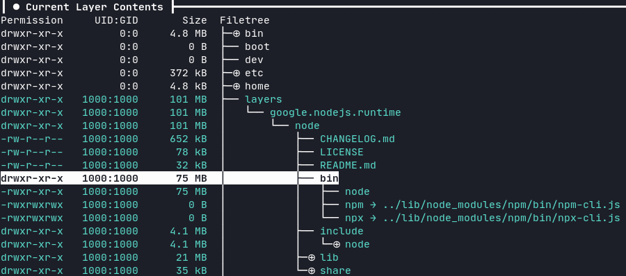 The container image layer corresponding to the Node.js runtime, as shown by dive