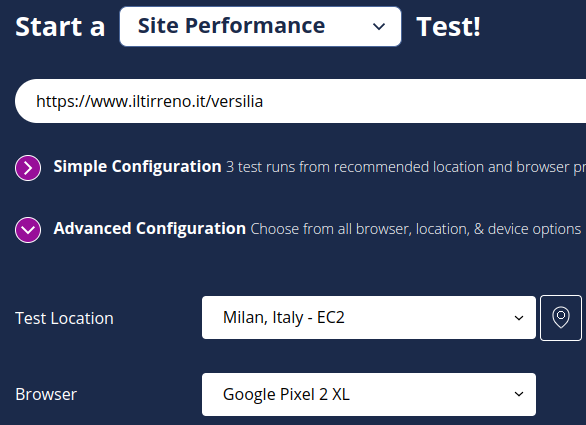 Start a Site Performance test with WebPageTest