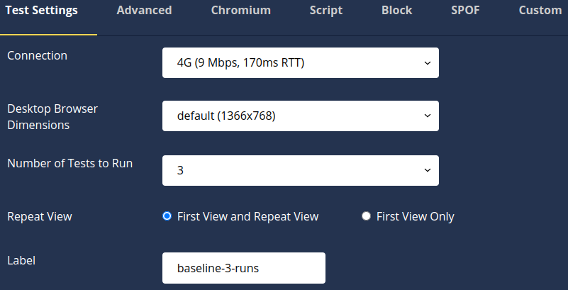 WebPageTest Test Settings