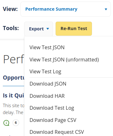 WebPageTest result Performance Summary