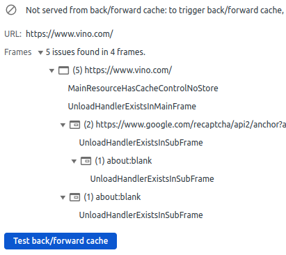 vino.com cannot use Back/forward cache