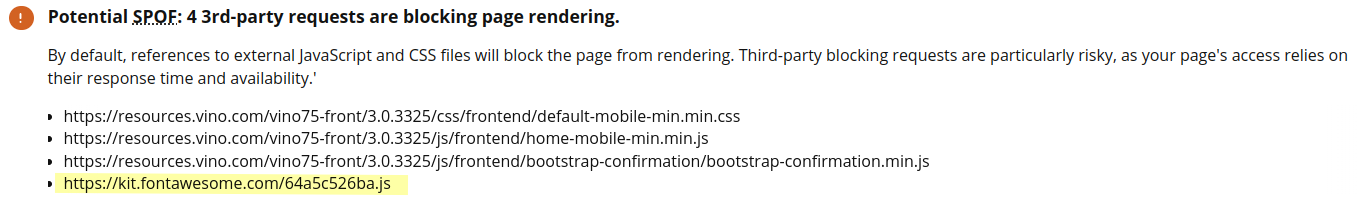 The Font Awesome script is render-blocking and a single point of failure