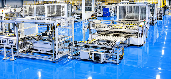 Reflective Blue-Floor Automated Factory