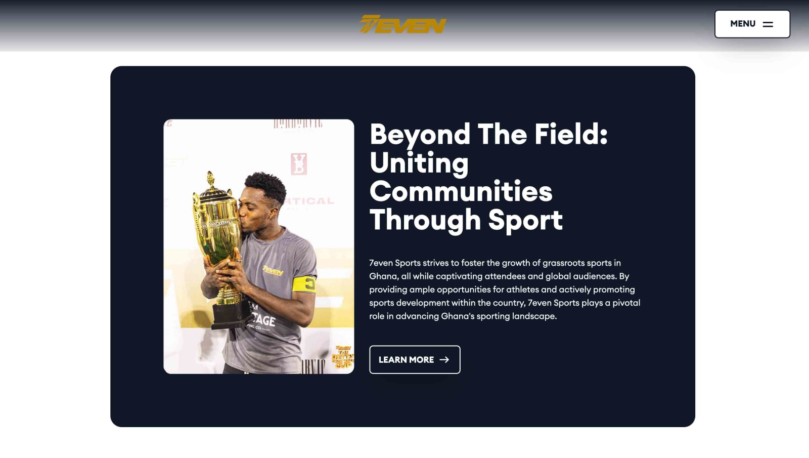 “Beyond the field: uniting communities through sport”, beside a player kissing a trophy