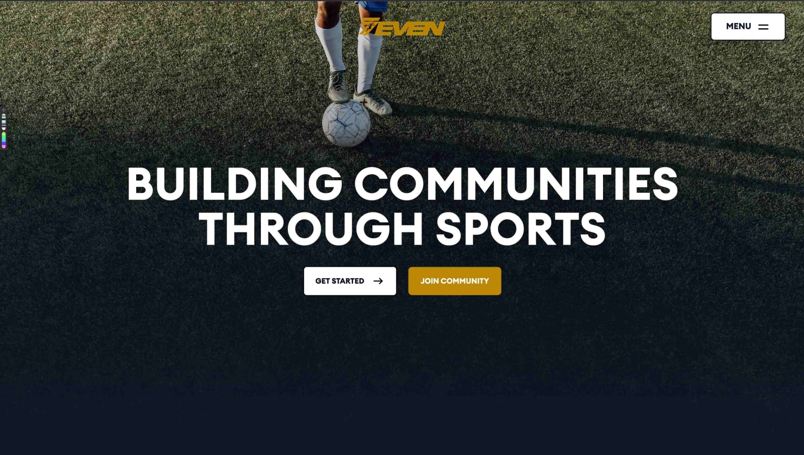 7even Sports homepage hero: “Building communities through sports” with Get started and Join community buttons