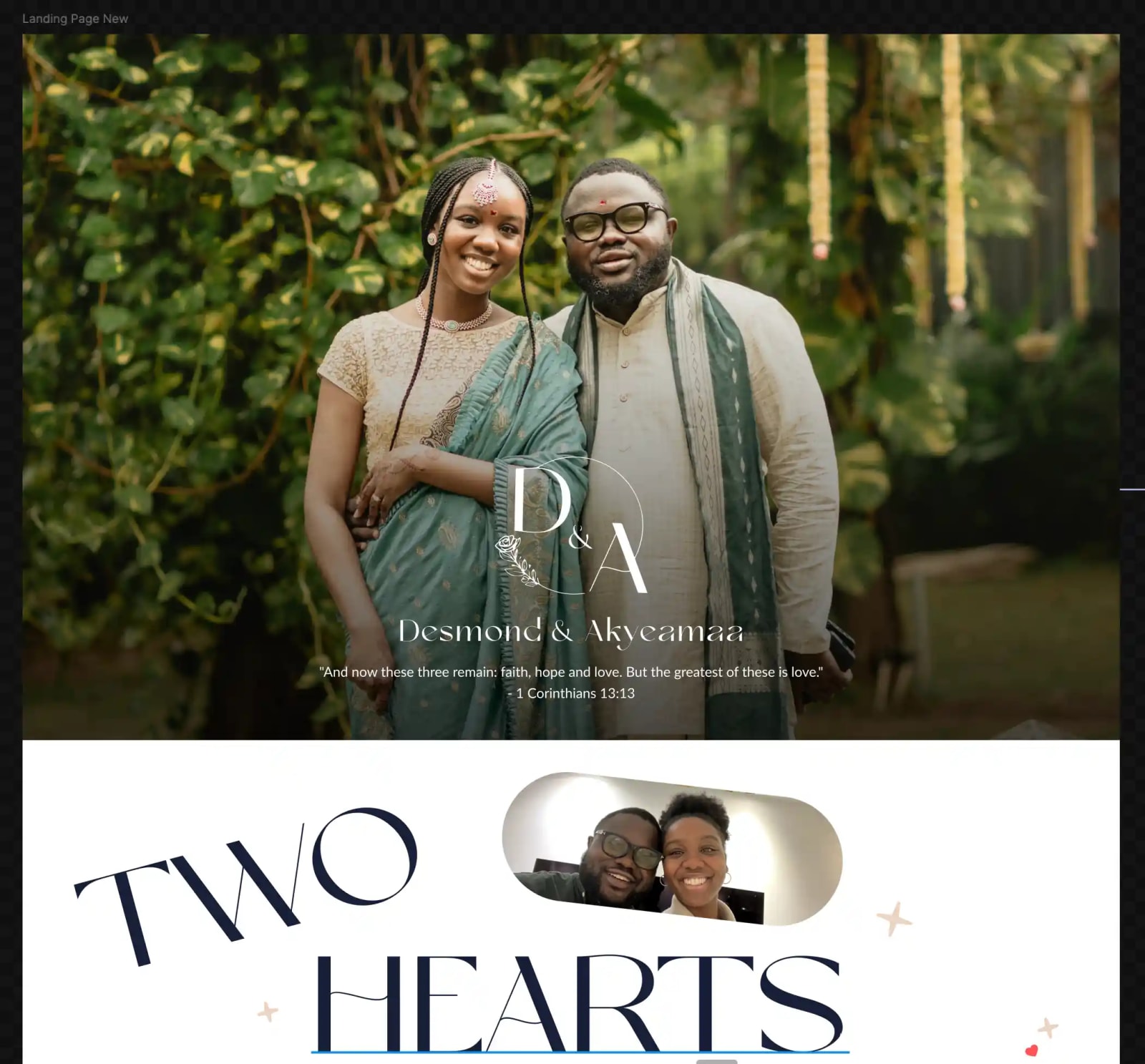Landing page: the couple under the D&A monogram, a verse from 1 Corinthians 13:13, and “Two Hearts”