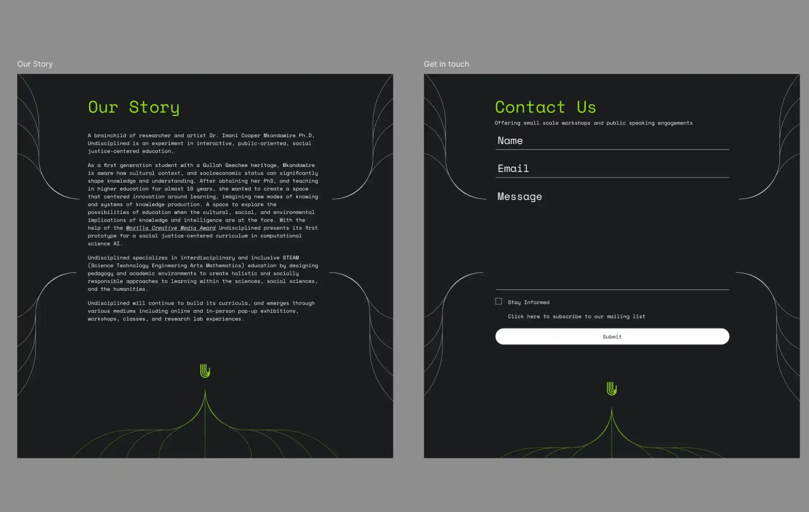 Our Story and Contact Us pages in dark green line art