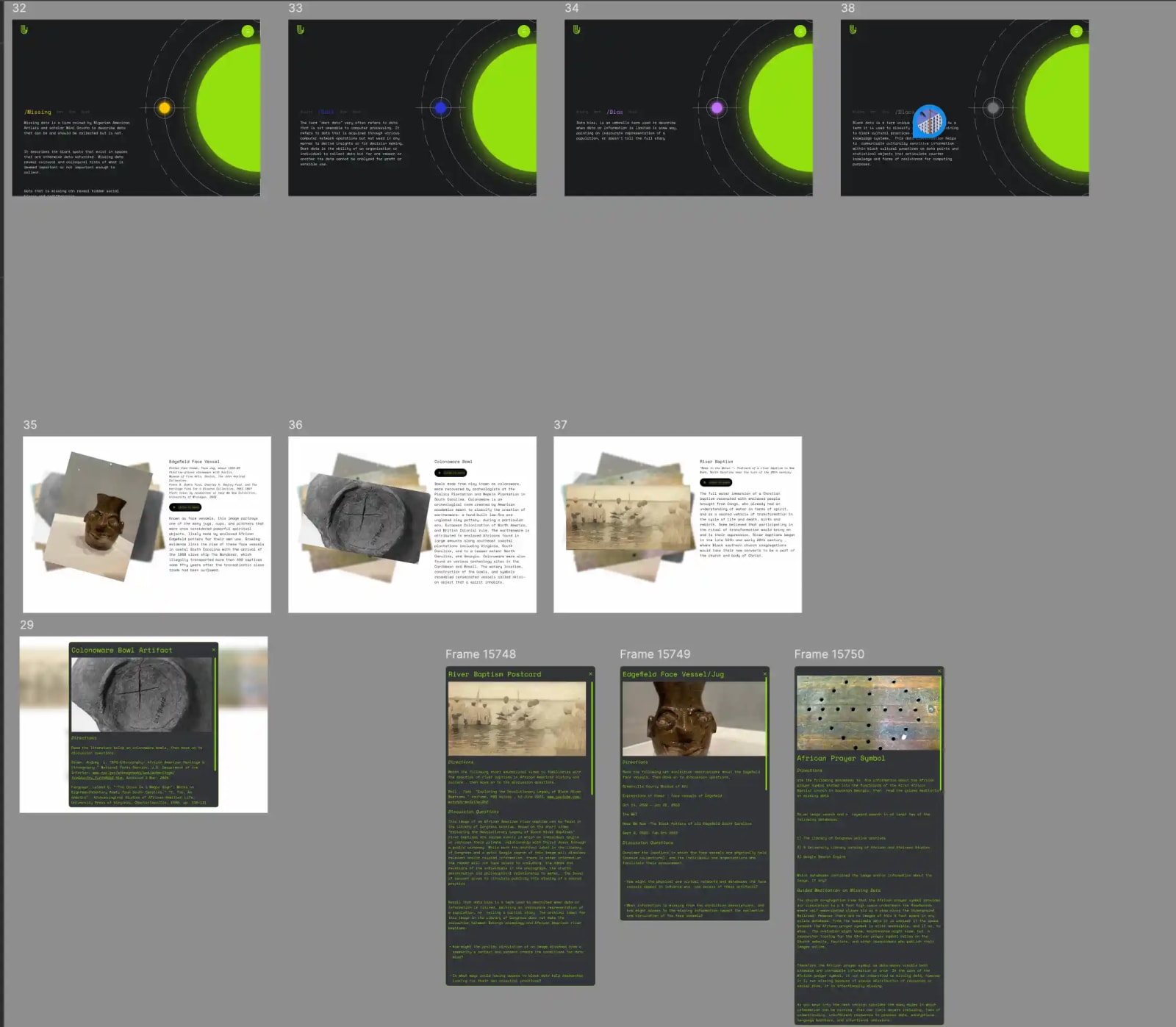 Explore screens: topic panels beside a glowing green orb, and artefact cards
