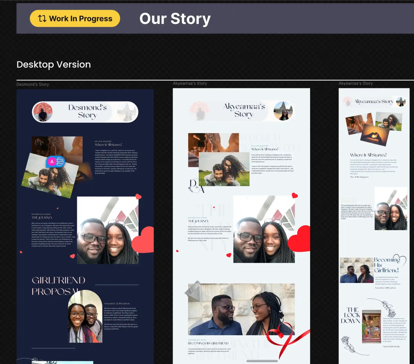 Desktop layouts for Desmond’s story and Akyeamaa’s story
