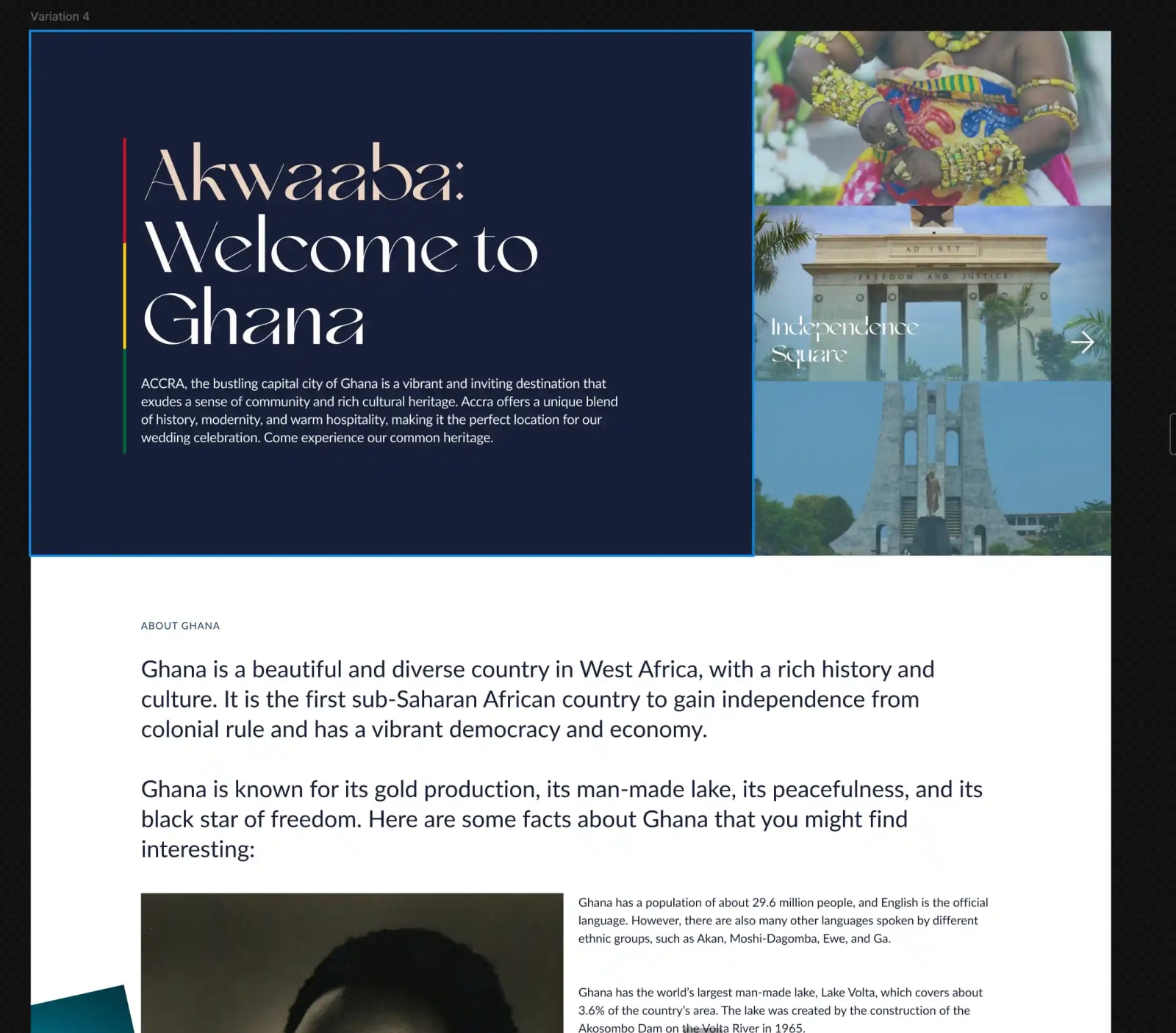 Travel page: “Akwaaba: Welcome to Ghana”, with Independence Square and facts about Ghana